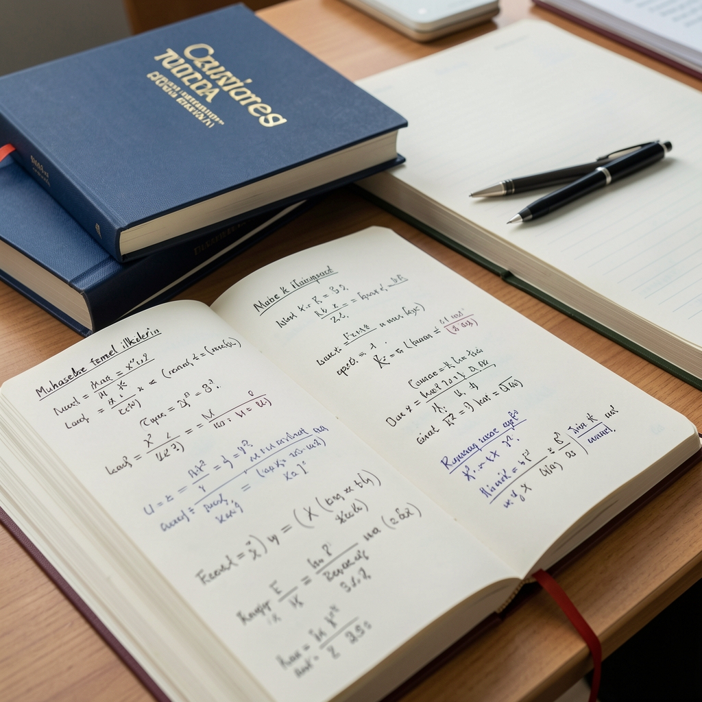 Ders kitapları ve not defterleri üzerinde muhasebe temel ilkelerini gösteren elle yazılmış formüller ve çift taraflı kayıt örnekleri