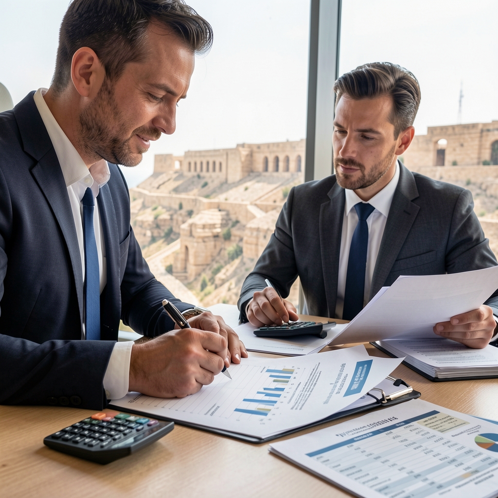 Masada finansal raporlar, hesap makinesi ve kalem ile maliyet analizi çalışması yapan bir muhasebeci
