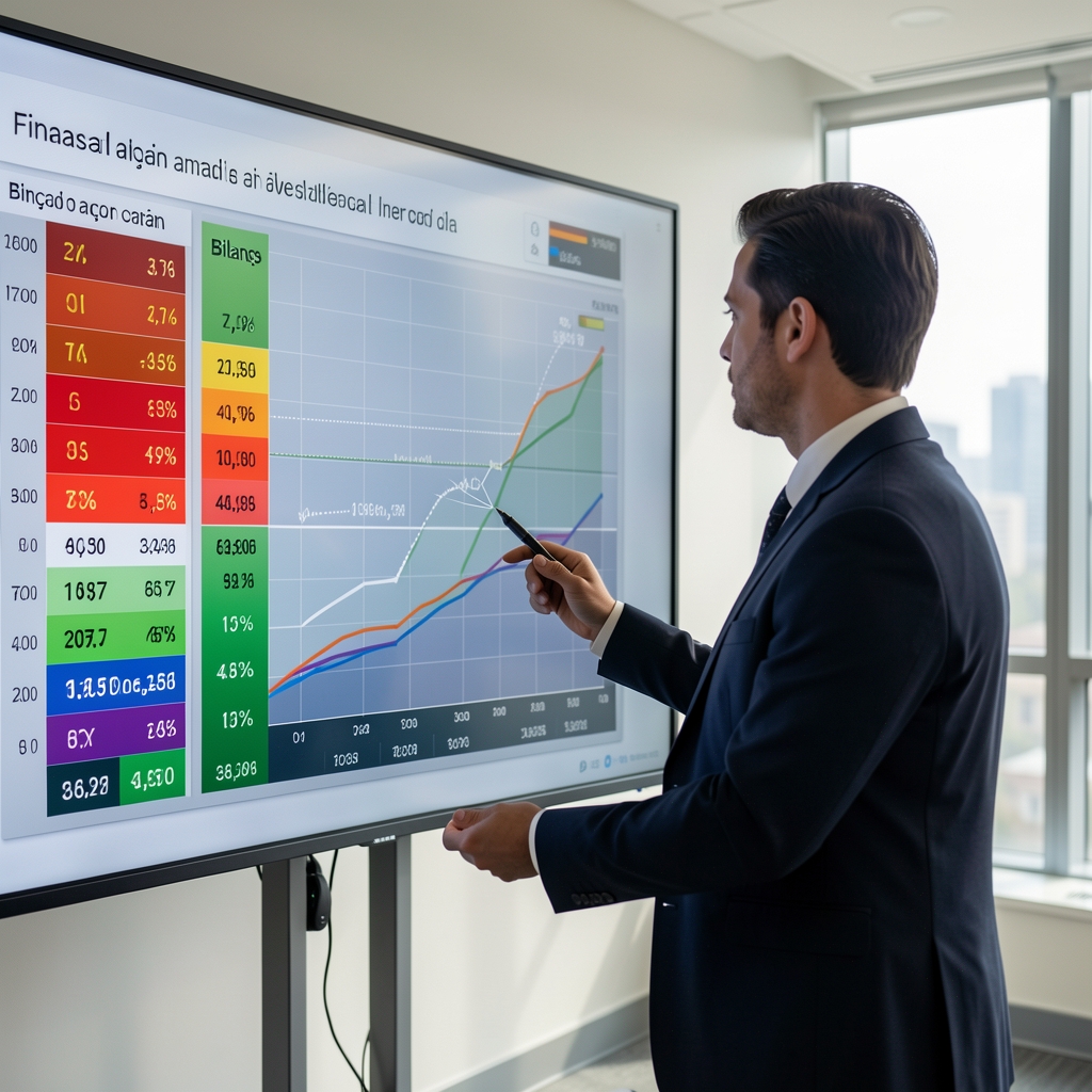 Finansal analist büyük ekranda renk kodlu bilanço oranları ve trend grafiklerini değerlendiriyor