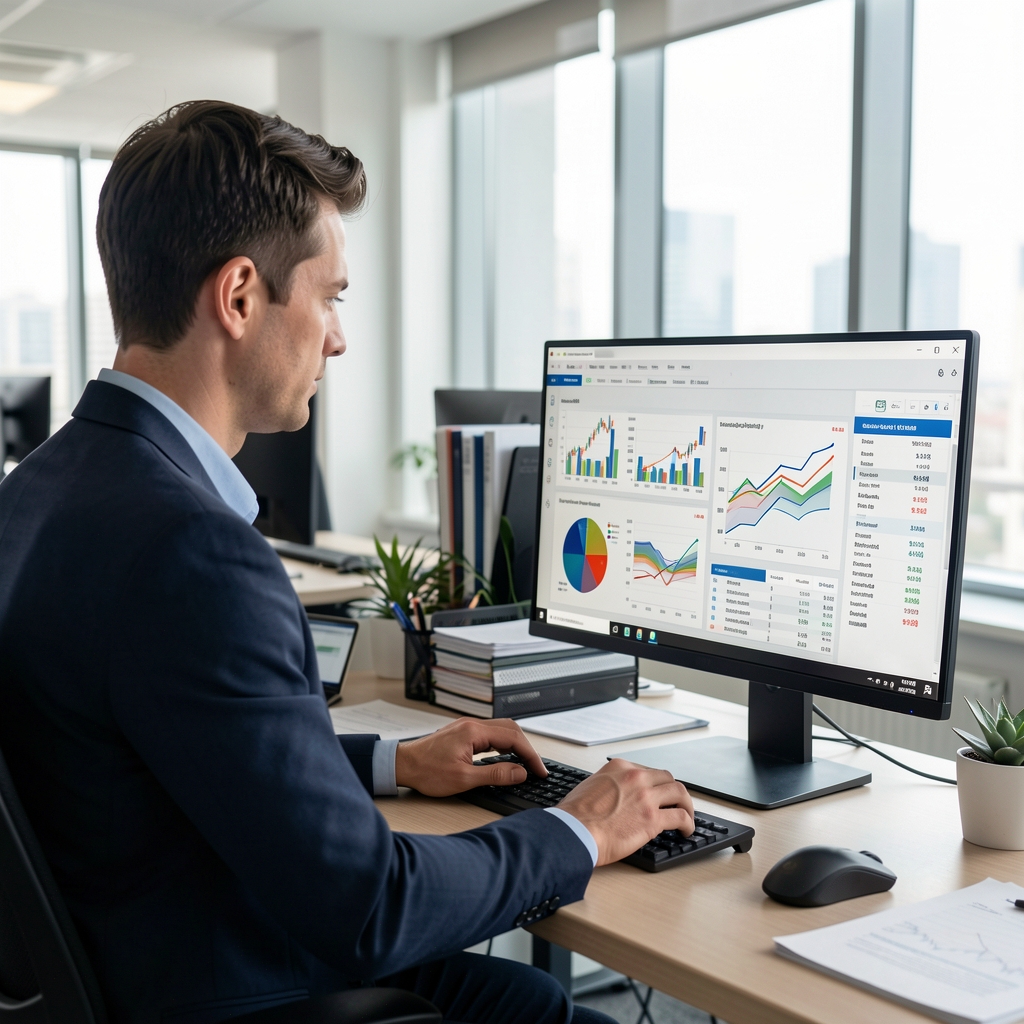 Modern ofis ortamında finansal raporları inceleyen bir muhasebe uzmanı, monitörde grafikler ve tablolar görünüyor
