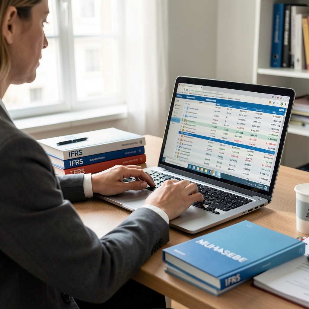 Muhasebe uzmanı masasında IFRS ve TFRS standart kitapları, dizüstü bilgisayar ekranında finansal raporlama tablolarıyla çalışıyor