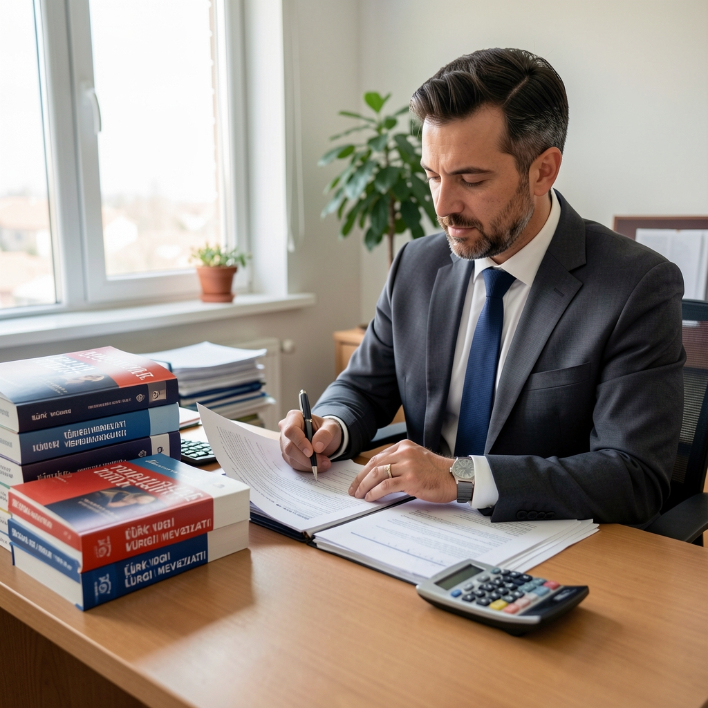 Türk vergi mevzuatı kitapları ve hesap makinesi önünde vergi planlaması belgelerini düzenleyen bir uzman