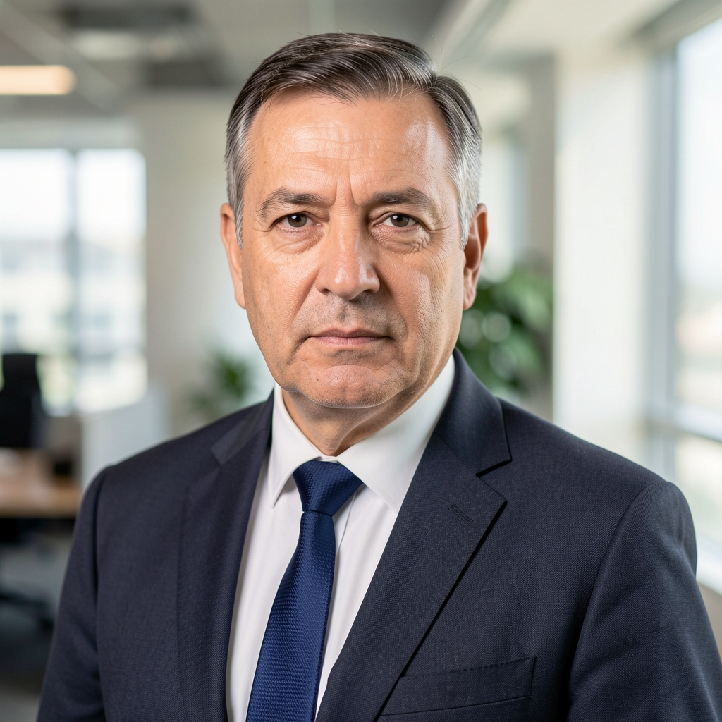 Orta yaşlı erkek finansal analist, ciddi ve güven veren bir ifadeyle şirket logolu ofis ortamında fotoğraflanmış